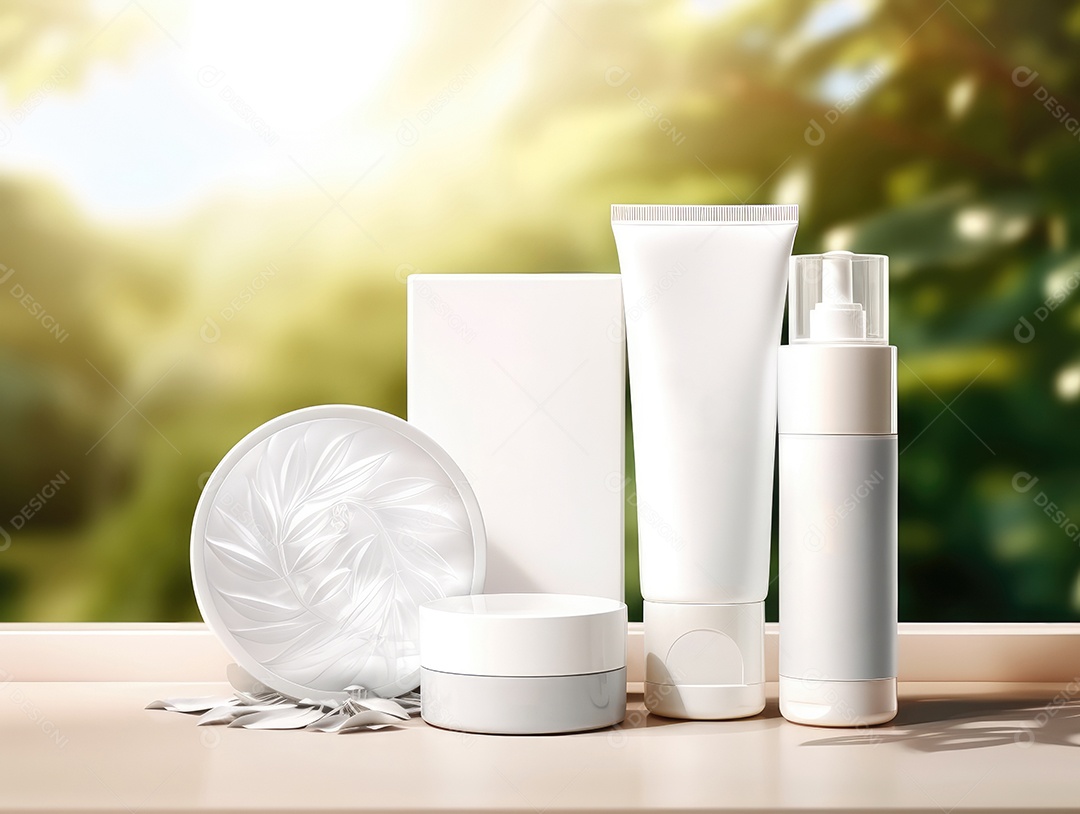 Conjunto de maquete de recipientes de produtos Aroma spa em um fundo natural com folhas verdes e luz solar