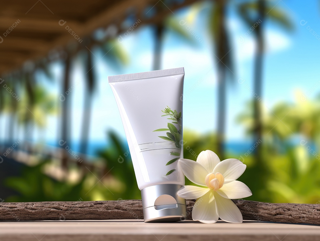 Conjunto de maquete de recipientes de produtos Aroma spa em um fundo natural com folhas verdes e luz solar