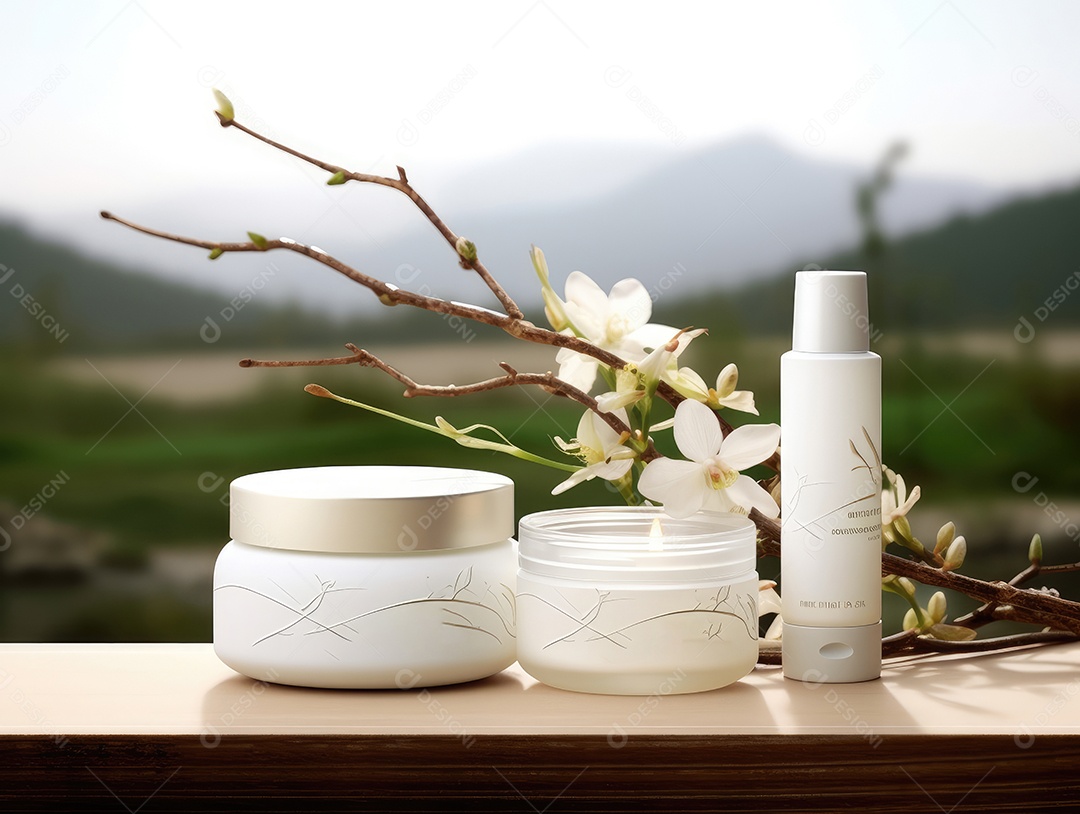 Conjunto de maquete de recipientes de produtos Aroma spa em um fundo natural com folhas verdes e luz solar