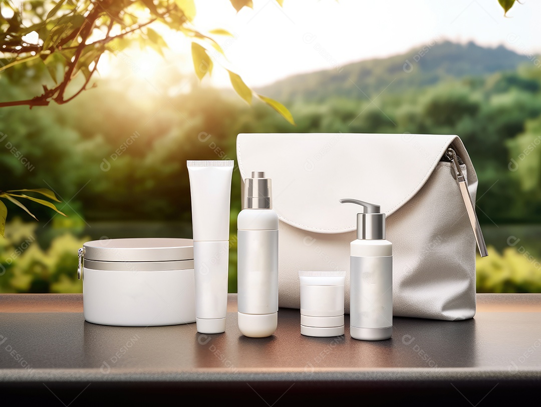 Conjunto de maquete de recipientes de produtos Aroma spa em um fundo natural com folhas verdes e luz solar