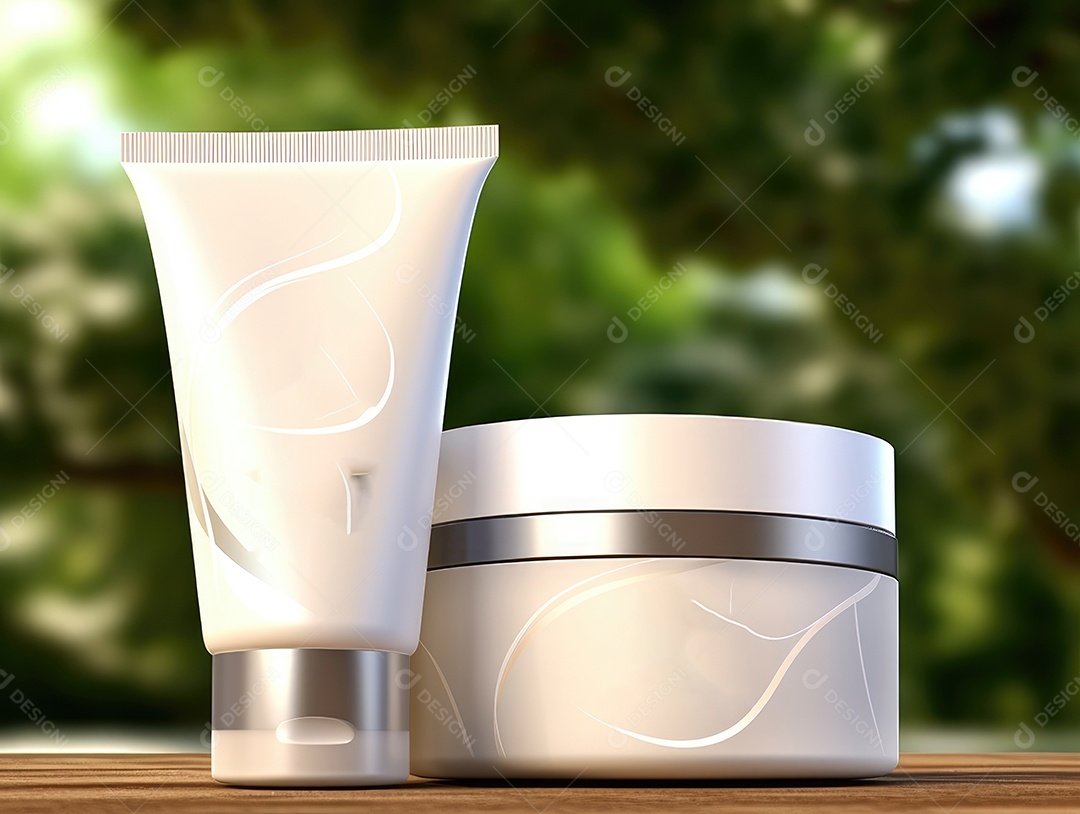 Conjunto de maquete de recipientes de produtos Aroma spa em um fundo natural com folhas verdes e luz solar