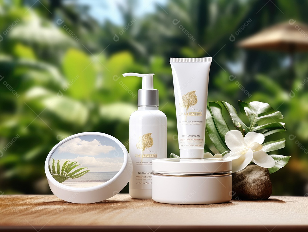Conjunto de maquete de recipientes de produtos Aroma spa em um fundo natural com folhas verdes e luz solar