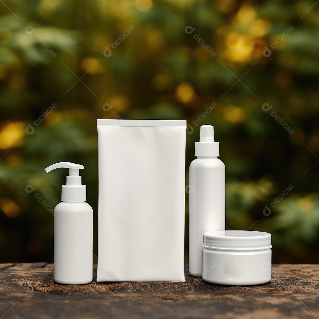 Conjunto de maquete de recipientes de produtos Aroma spa em um fundo natural com folhas verdes e luz solar