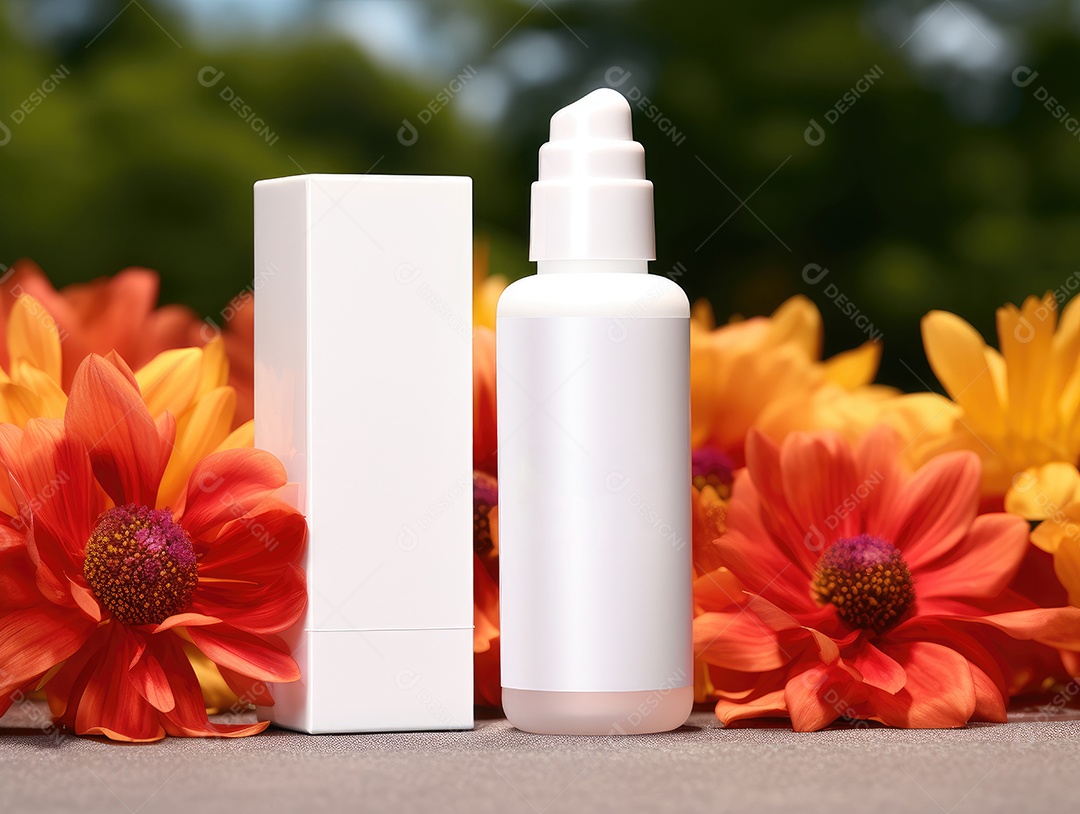 Conjunto de maquete de recipientes de produtos Aroma spa em um fundo natural com folhas verdes e luz solar