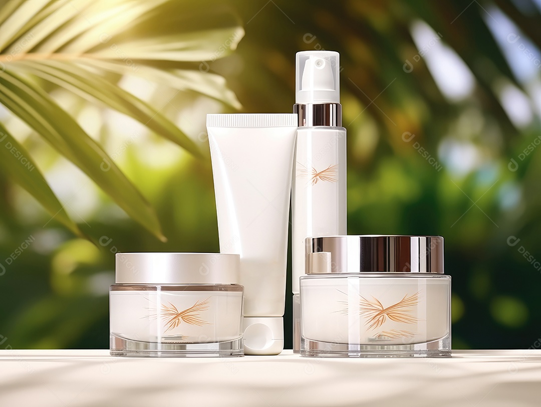 Conjunto de maquete de recipientes de produtos Aroma spa em um fundo natural com folhas verdes e luz solar