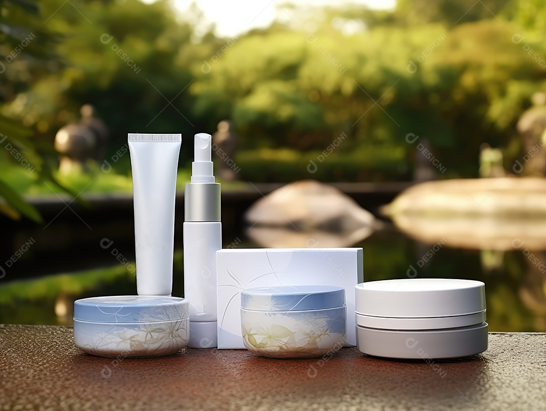 Conjunto de maquete de recipientes de produtos Aroma spa em um fundo natural com folhas verdes e luz solar
