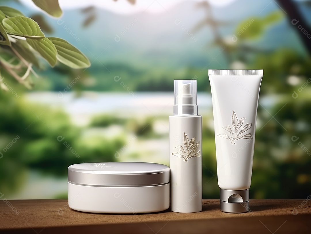 Conjunto de maquete de recipientes de produtos Aroma spa em um fundo natural com folhas verdes e luz solar