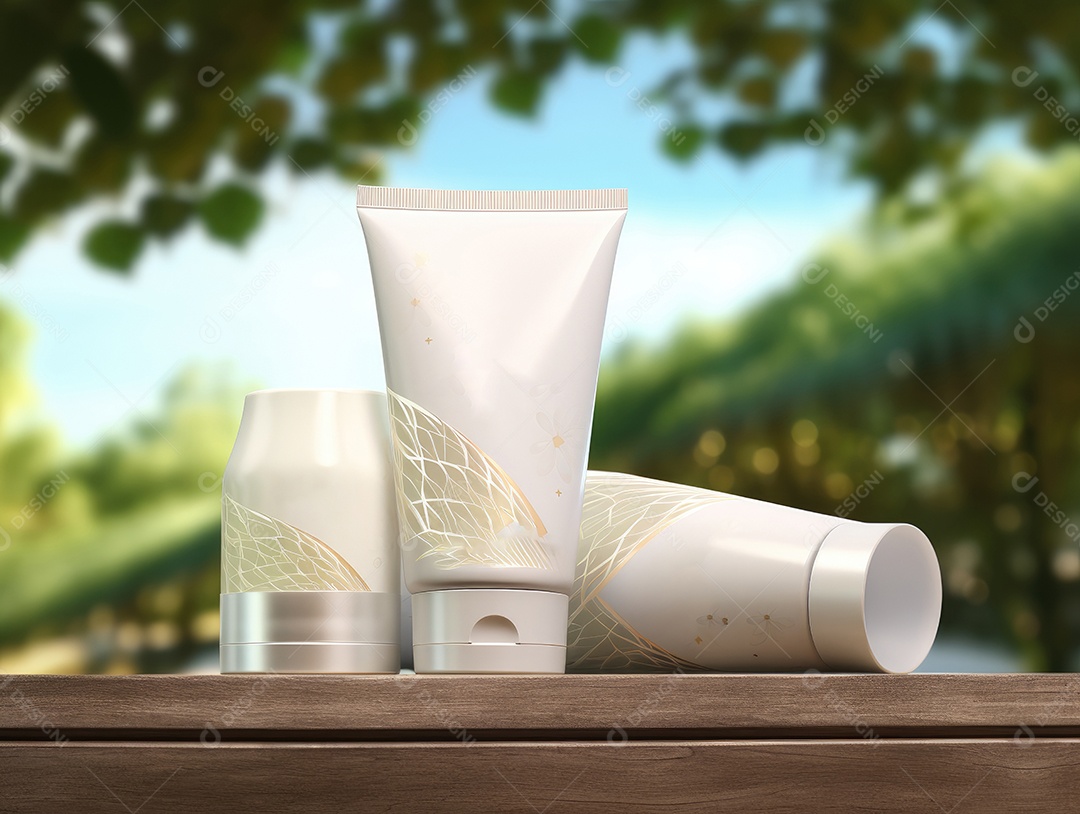 Conjunto de maquete de recipientes de produtos Aroma spa em um fundo natural com folhas verdes e luz solar