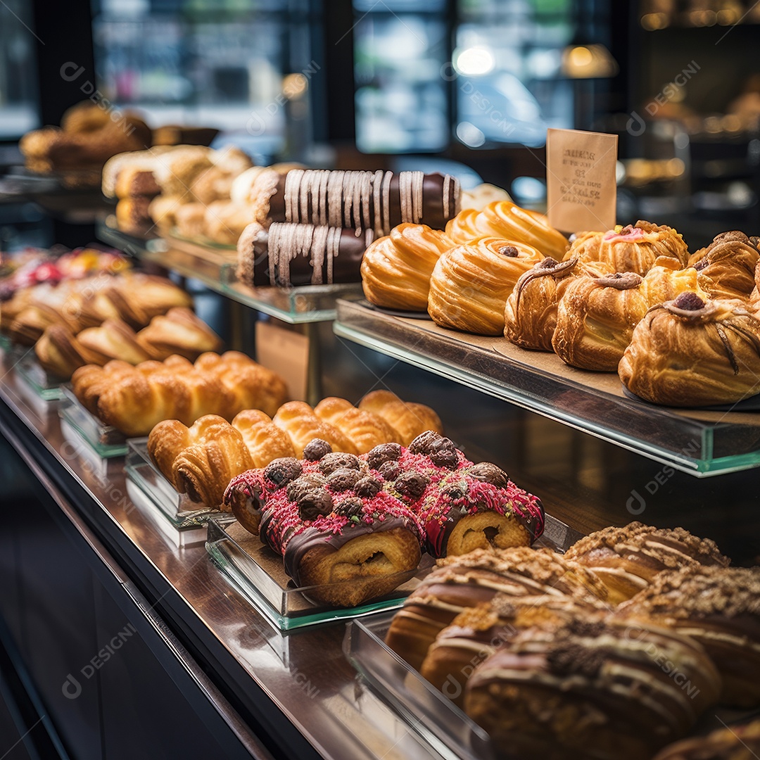 Deliciosos pães em uma padaria. Diferentes tipos de pães nas prateleiras da padaria.