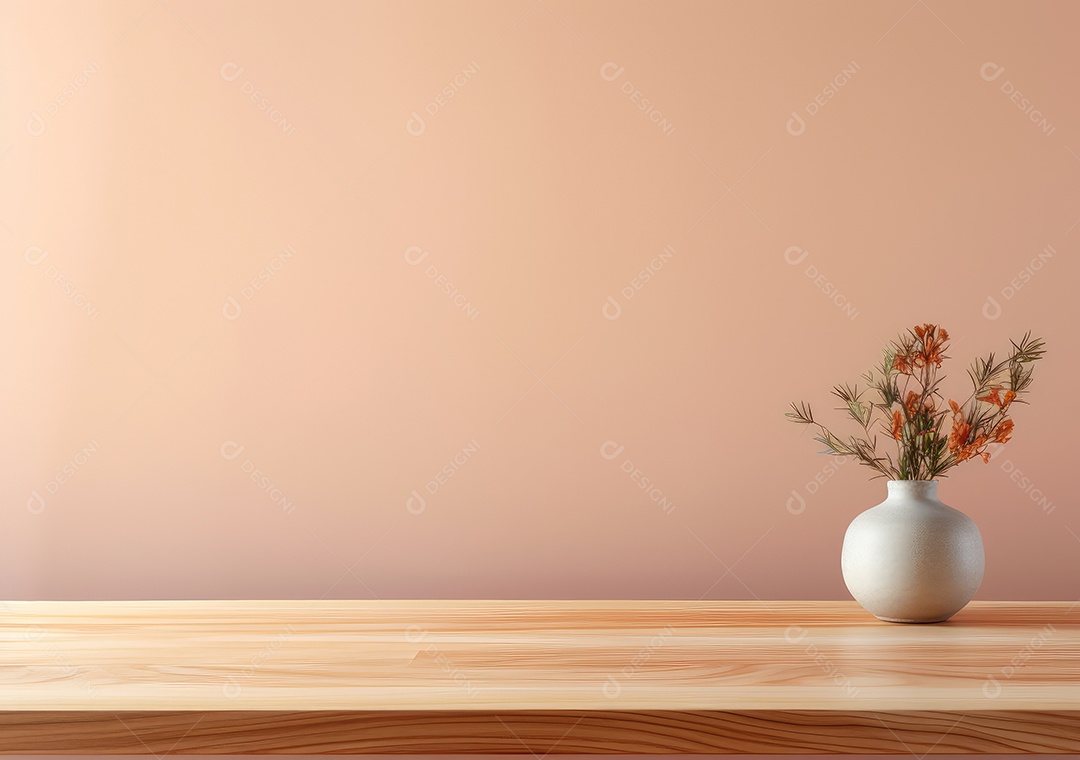 Maquete vazio em uma mesa de madeira contra plantas em uma panela, sala de estar de madeira mínima como pano de fundo.