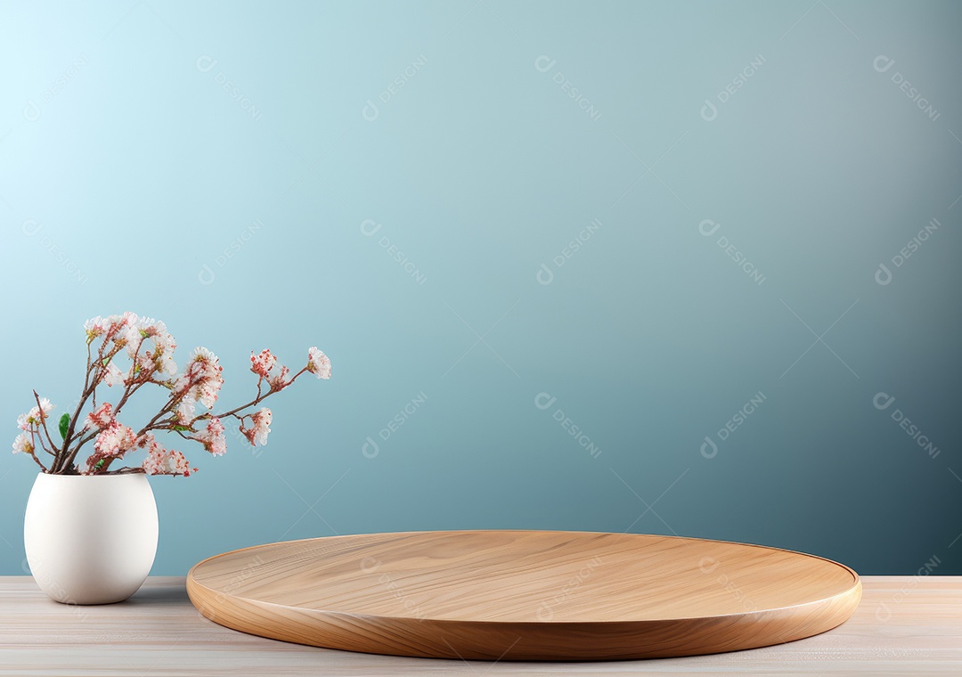 Maquete vazio em uma mesa de madeira contra plantas em uma panela, sala de estar de madeira mínima como pano de fundo.