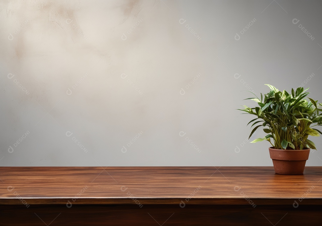 Maquete vazio em uma mesa de madeira contra plantas em uma panela, sala de estar de madeira mínima como pano de fundo.