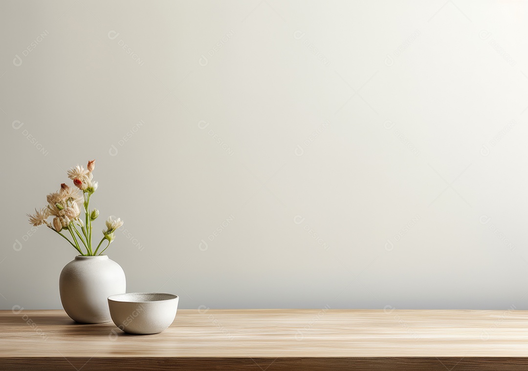 Maquete vazio em uma mesa de madeira contra plantas em uma panela, sala de estar de madeira mínima como pano de fundo.