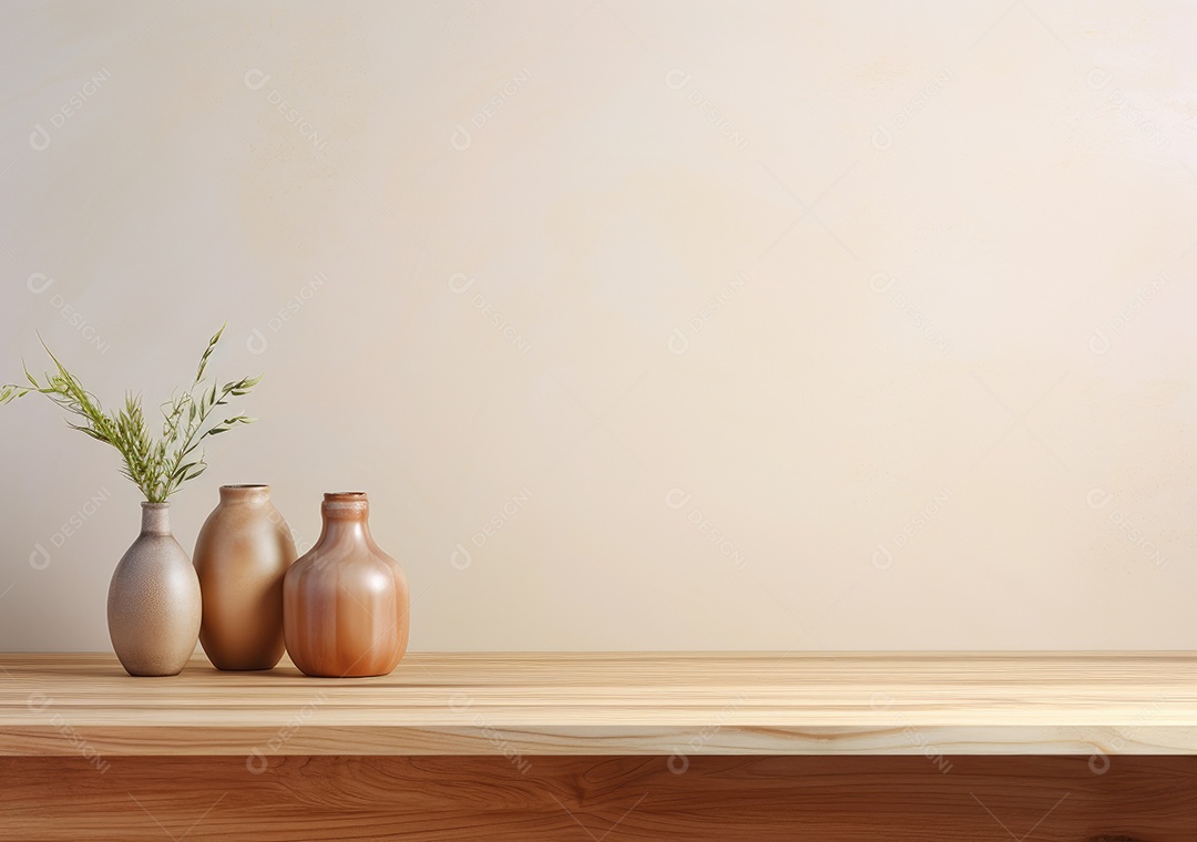 Maquete vazio em uma mesa de madeira contra plantas em uma panela, sala de estar de madeira mínima como pano de fundo.