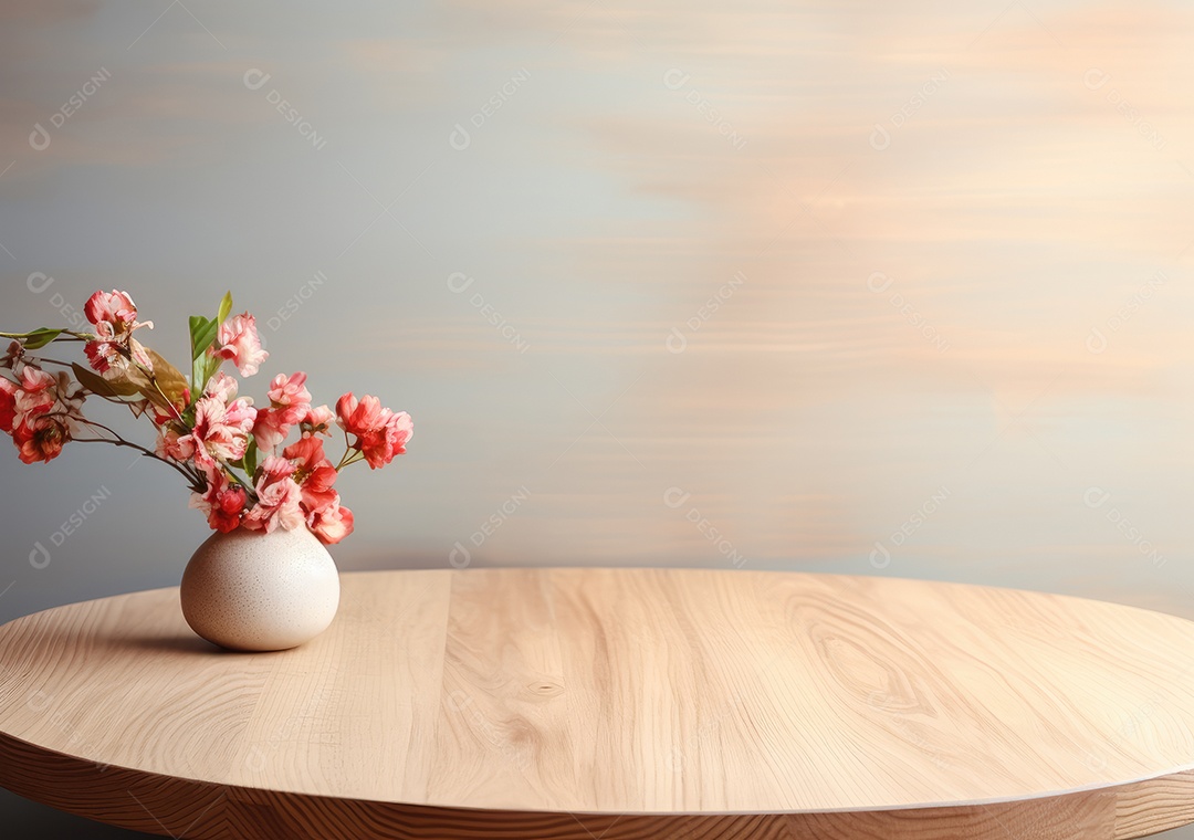 Maquete vazio em uma mesa de madeira contra plantas em uma panela, sala de estar de madeira mínima como pano de fundo.