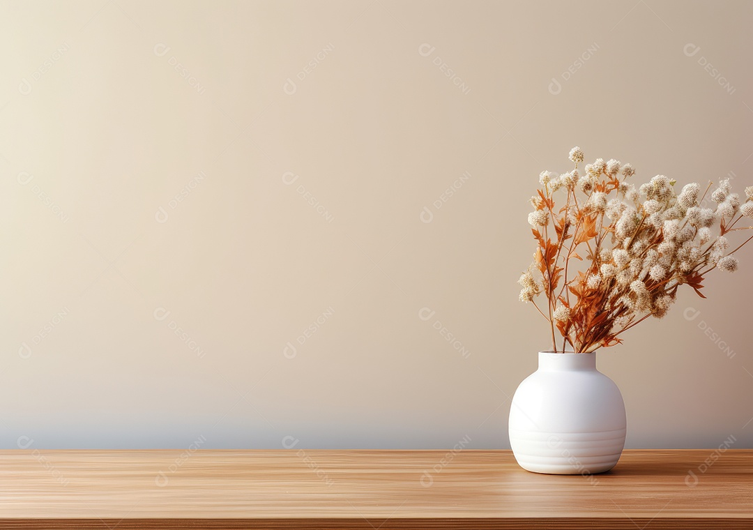 Maquete vazio em uma mesa de madeira contra plantas em uma panela, sala de estar de madeira mínima como pano de fundo.