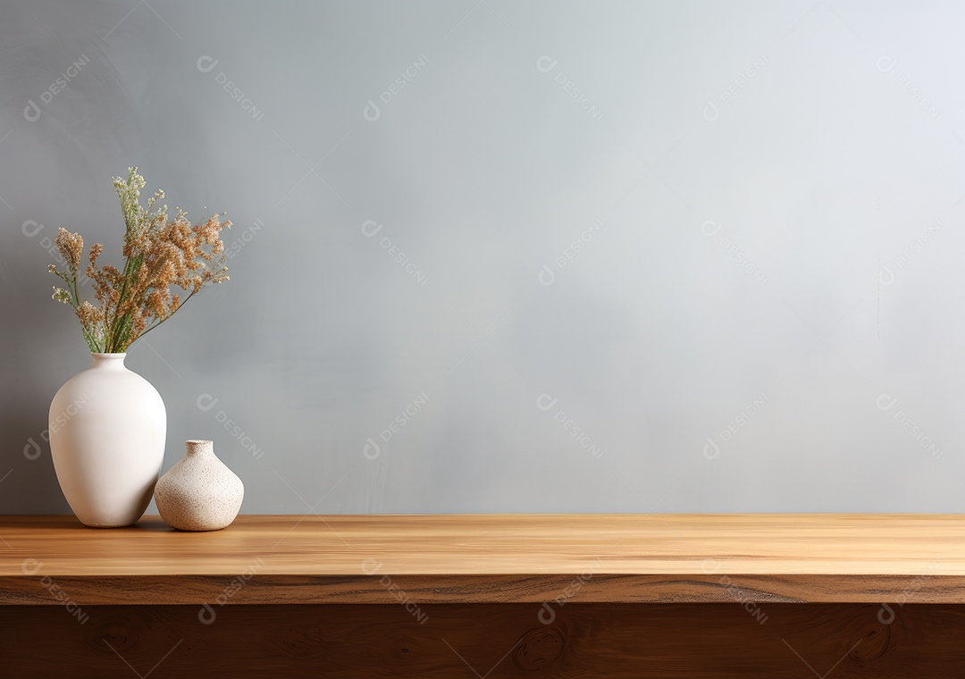 Maquete vazio em uma mesa de madeira contra plantas em uma panela, sala de estar de madeira mínima como pano de fundo.