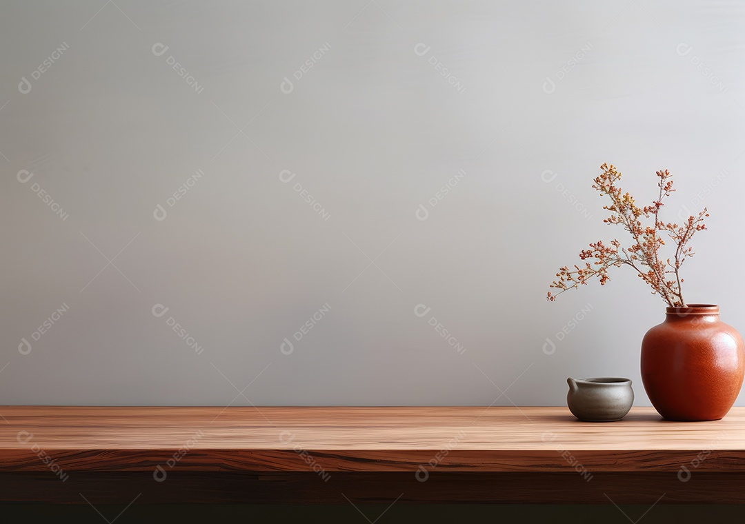 Maquete vazio em uma mesa de madeira contra plantas em uma panela, sala de estar de madeira mínima como pano de fundo.