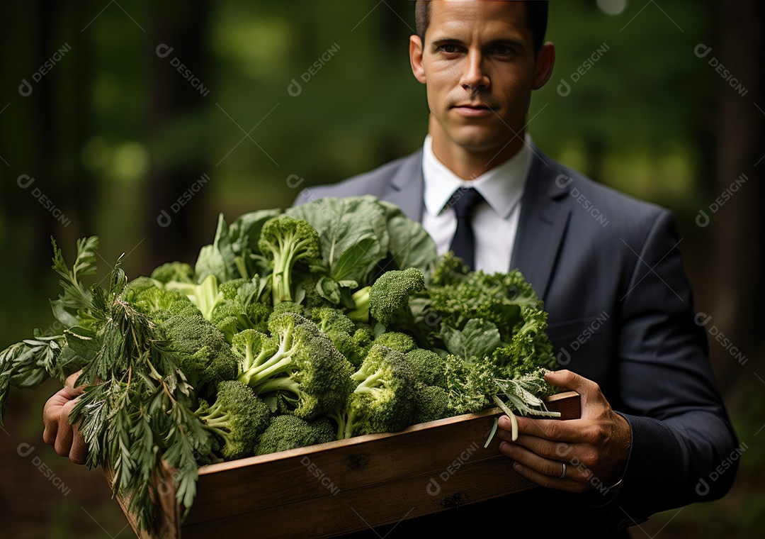 Jovem agricultor com brócolis recentemente colhido na cesta. Mão segurando