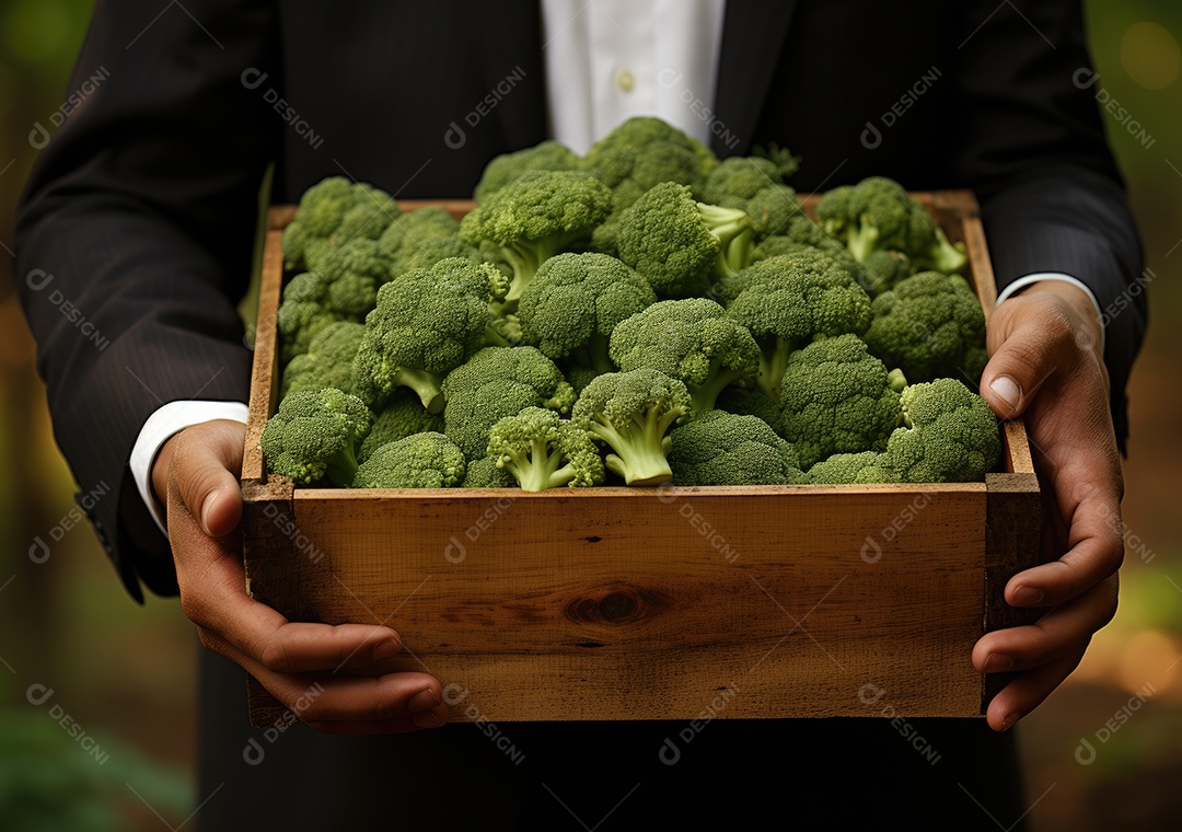 Jovem agricultor com brócolis recentemente colhido na cesta.