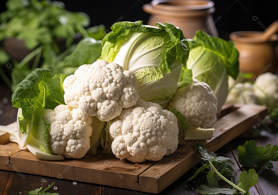 Couve recém-colhida na cesta. Mão segura