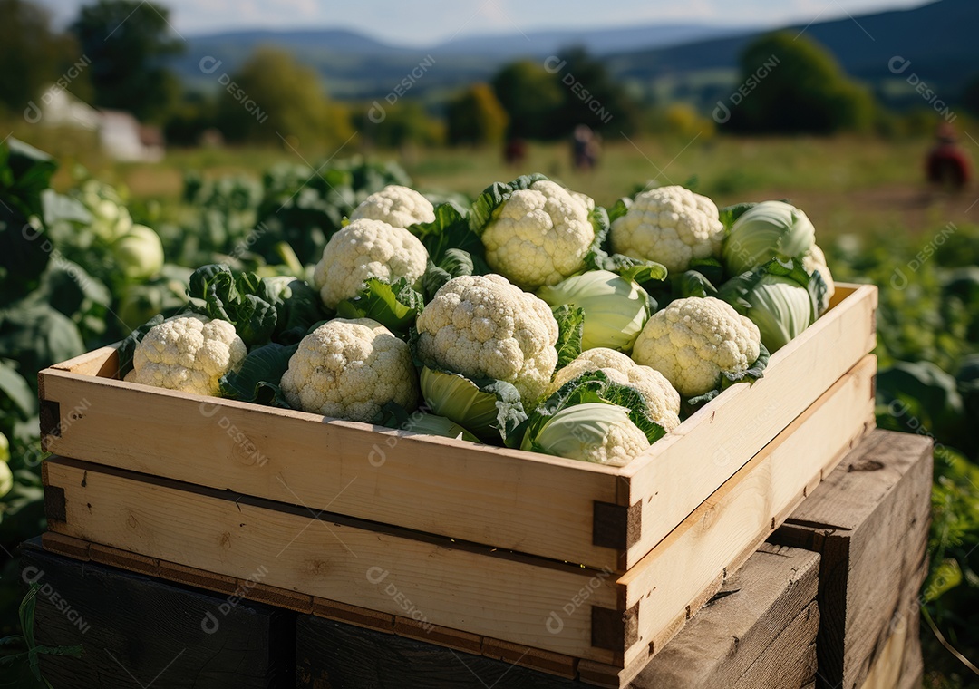 Jovem agricultor com couve recém-colhida na cesta.