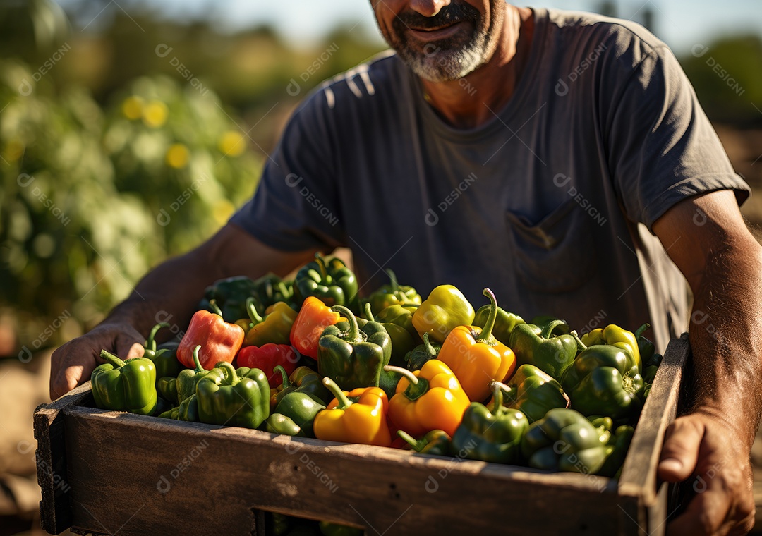 Agricultor ao lado de sua colheita