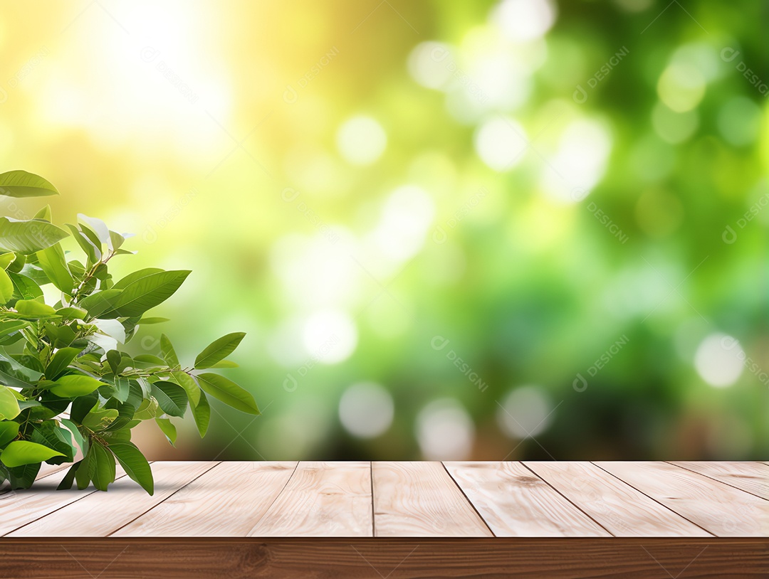 Mesa de madeira em branco abstrata sobre planta verde turva no fundo do jardim com luz solar matinal