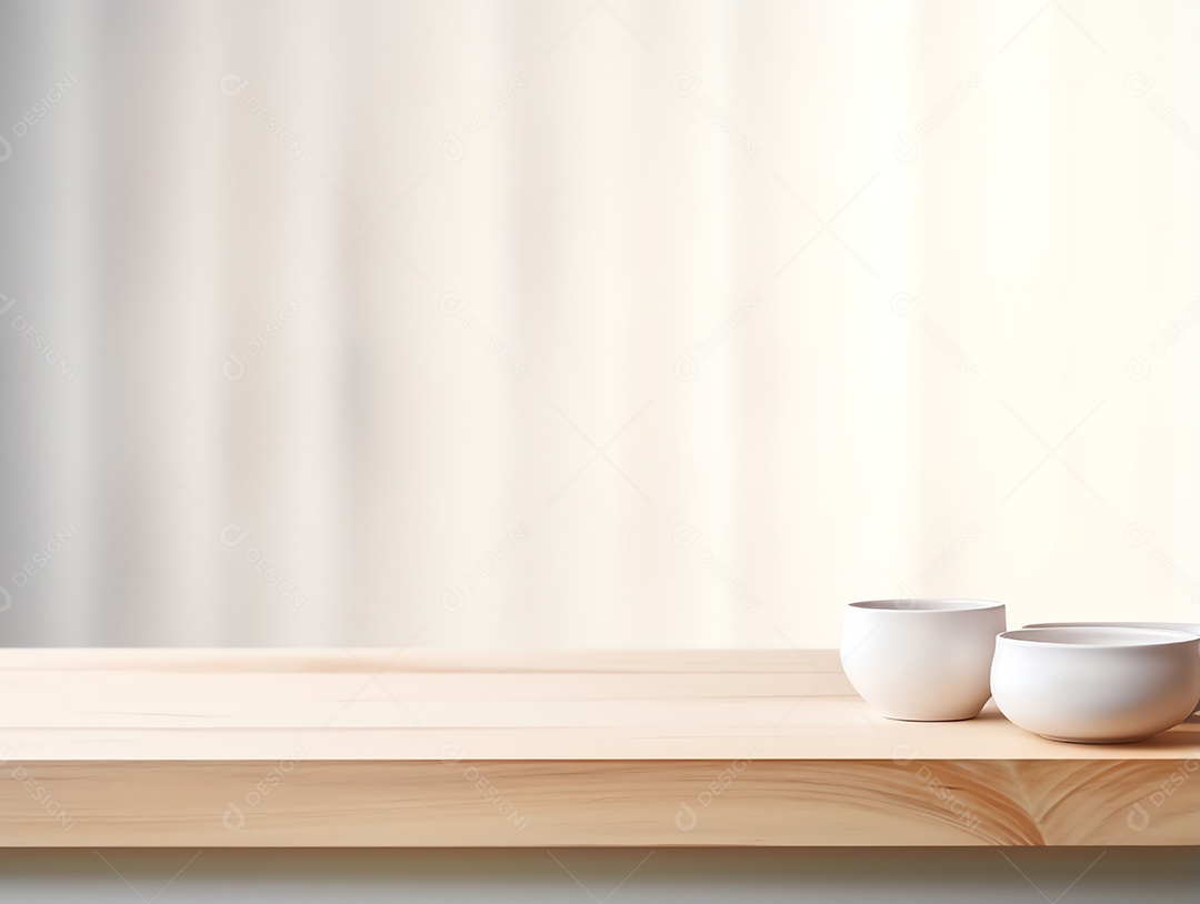 Mesa de madeira em branco abstrata sobre fundo de parede branca com luz solar da manhã