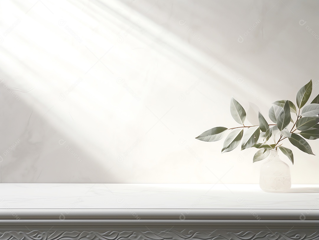 Mesa de mármore branco abstrato com planta e fundo de espaço de cópia, montagem de produto