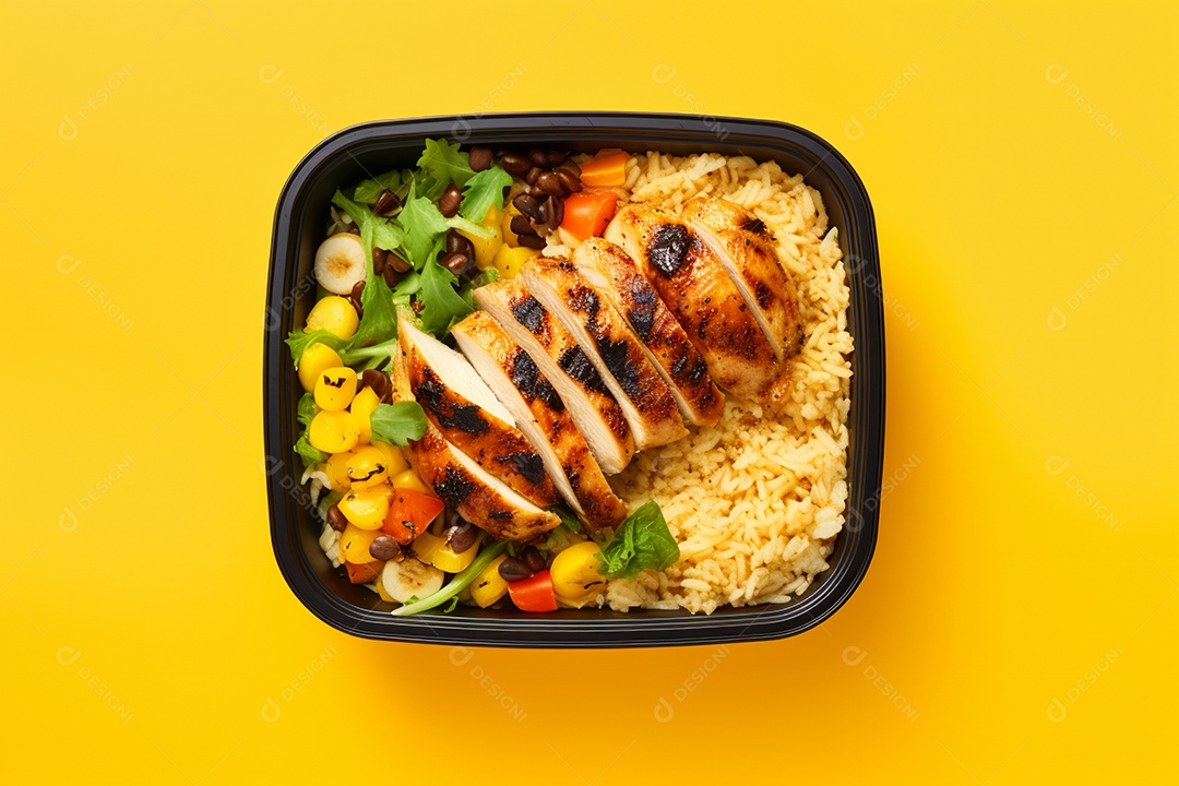 Marmitex de salada fit em fundo amarelo