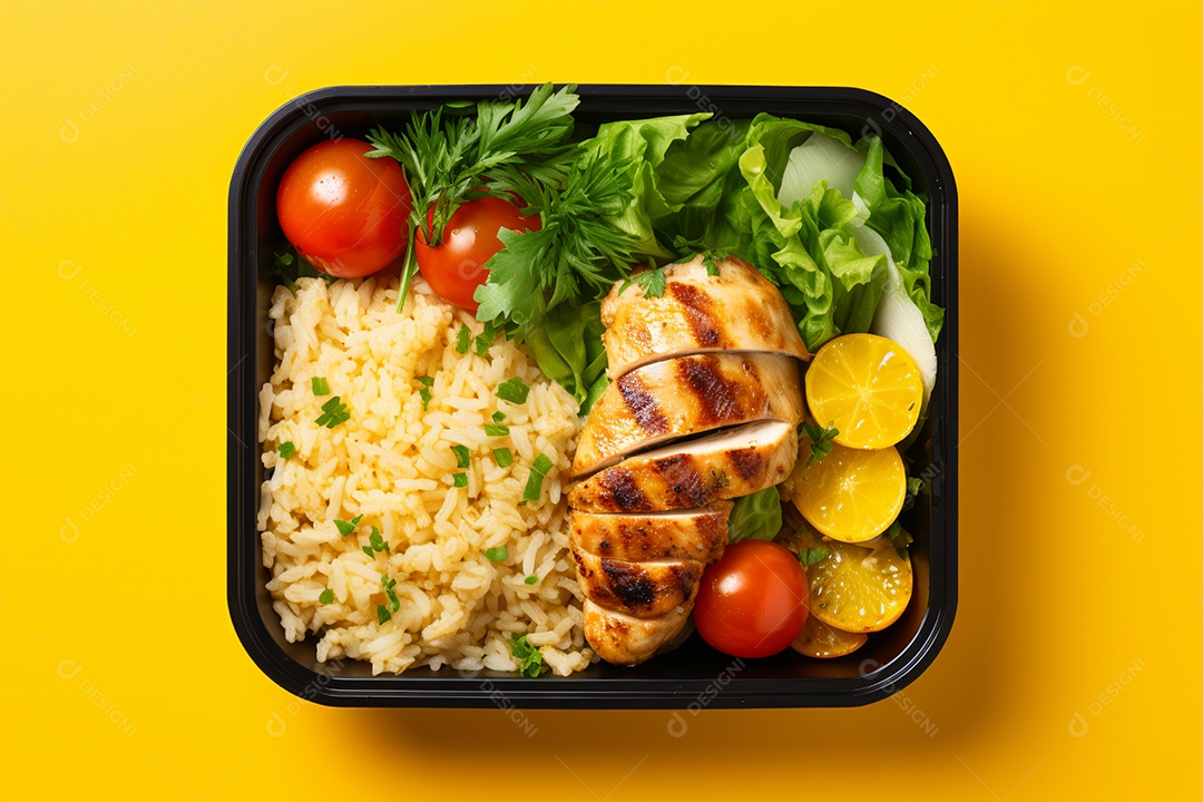 Marmitex de salada fit em fundo amarelo