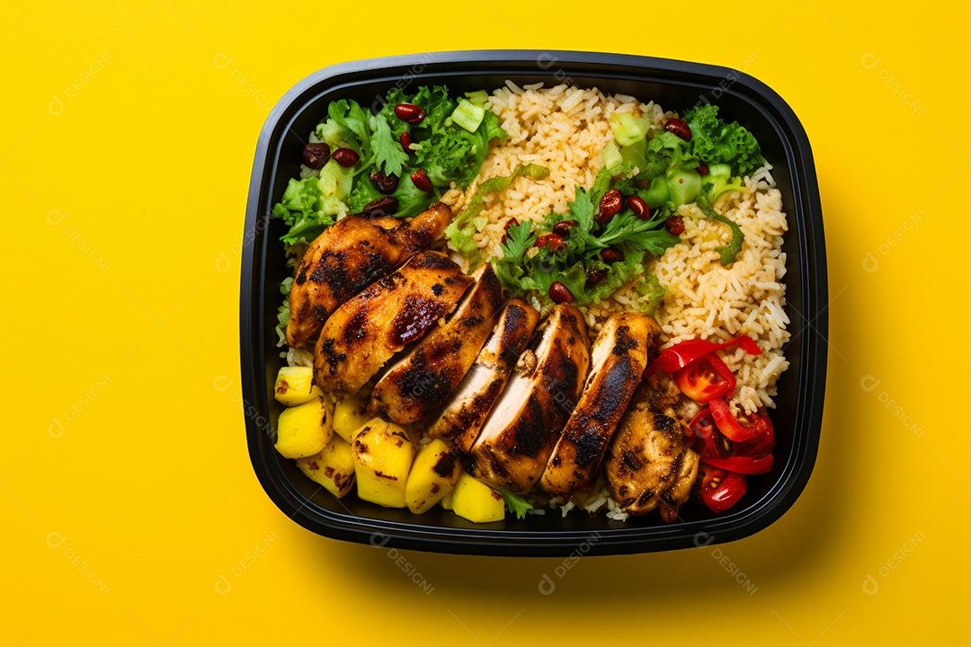 Marmitex de salada fit em fundo amarelo