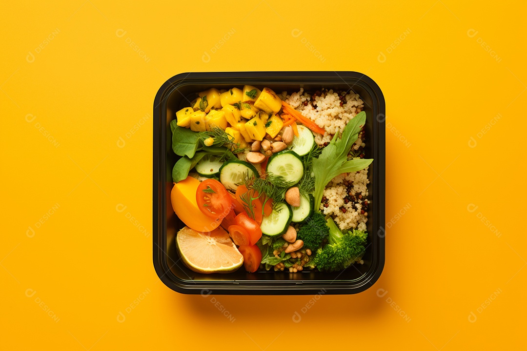 Marmitex de salada fit em fundo amarelo