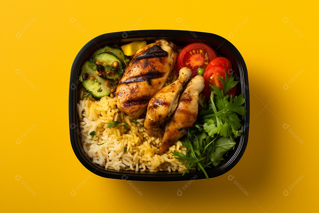 Marmitex de salada fit em fundo amarelo