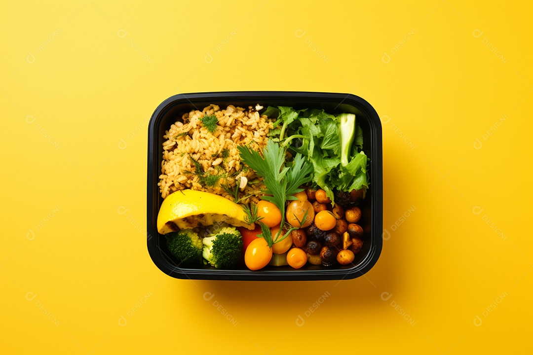 Marmitex de salada fit em fundo amarelo