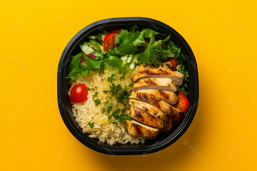 Marmitex de salada fit em fundo amarelo