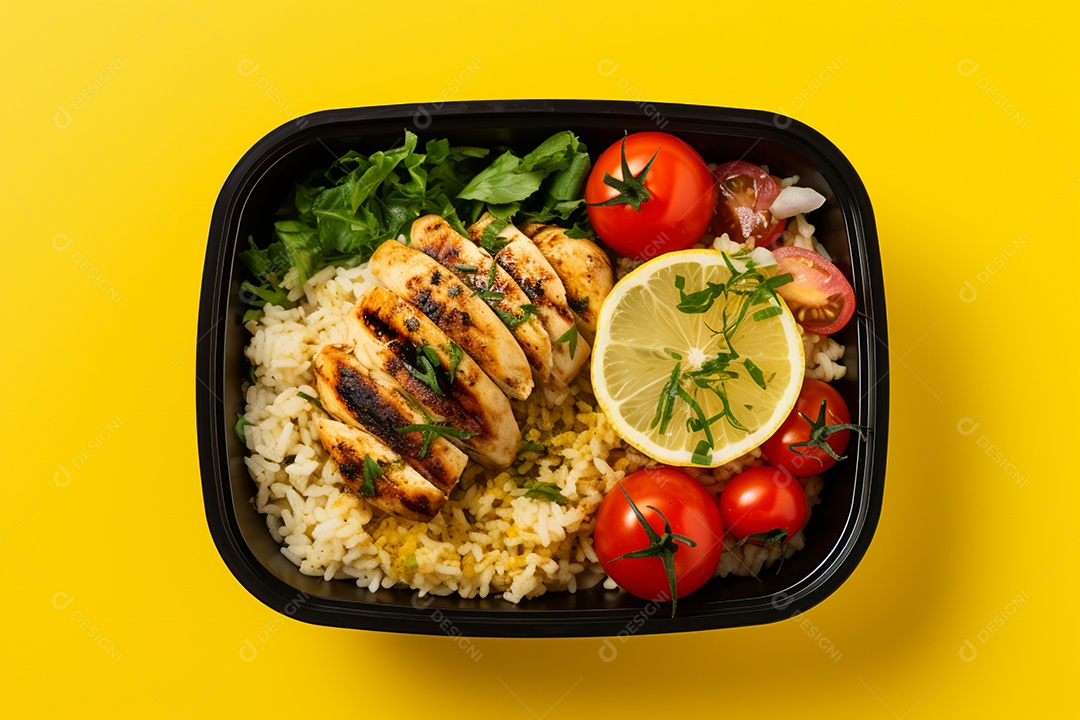 Marmitex de salada fit em fundo amarelo