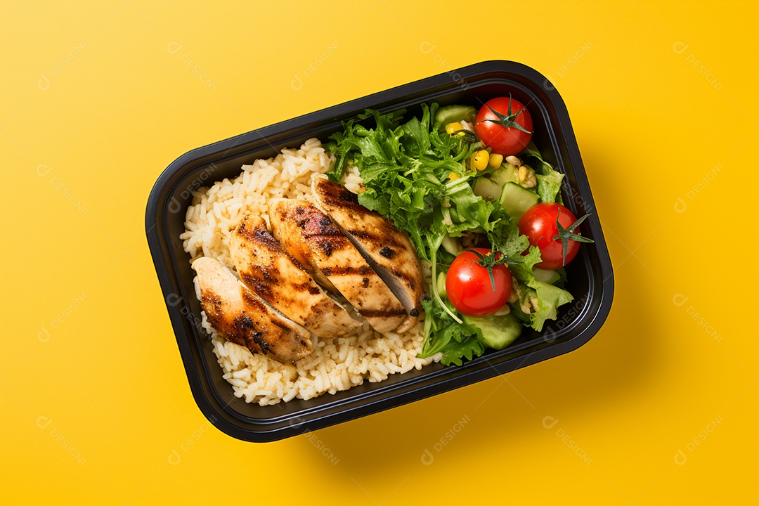 Marmitex de salada fit em fundo amarelo