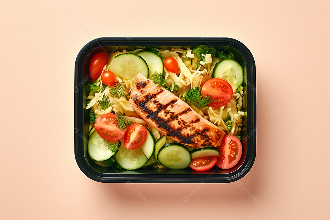 Marmitex de salada fit em fundo rosé