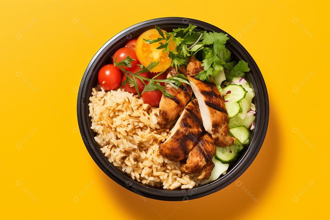 Marmitex de salada fit em fundo amarelo