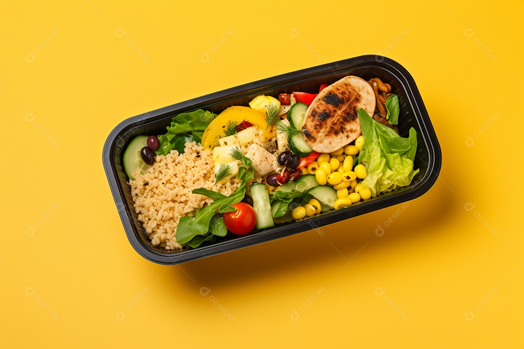 Marmitex de salada fit em fundo amarelo