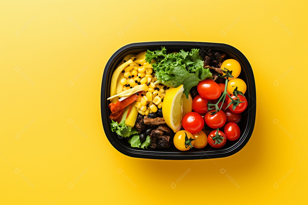 Marmitex de salada fit em fundo amarelo