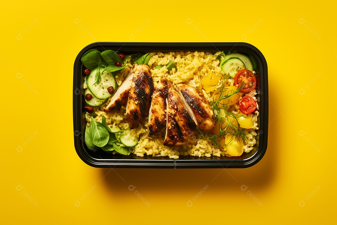 Marmitex de salada fit em fundo amarelo