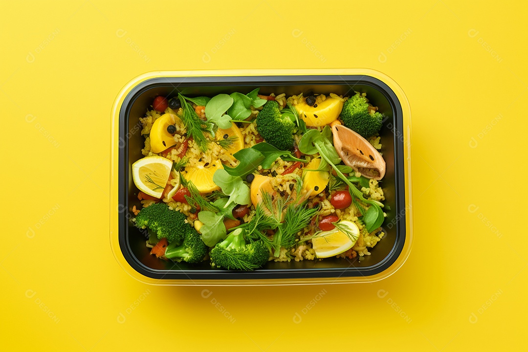 Marmitex de salada fit em fundo amarelo