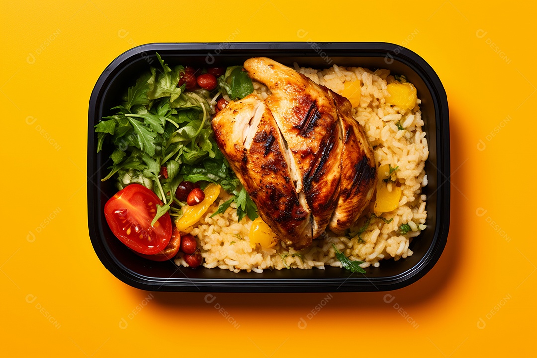 Marmitex de salada fit em fundo amarelo