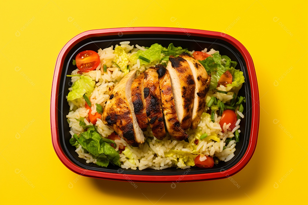 Marmitex de salada fit em fundo amarelo