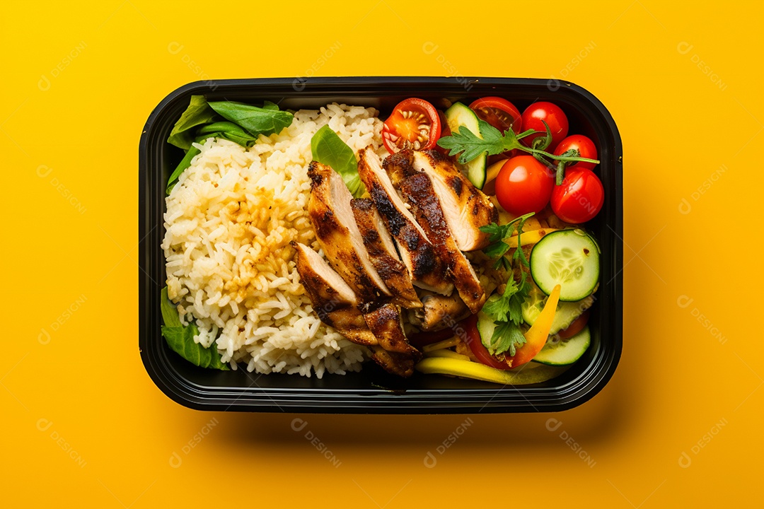 Marmitex de salada fit em fundo amarelo