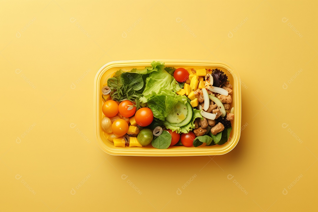Marmitex de salada fit em fundo amarelo