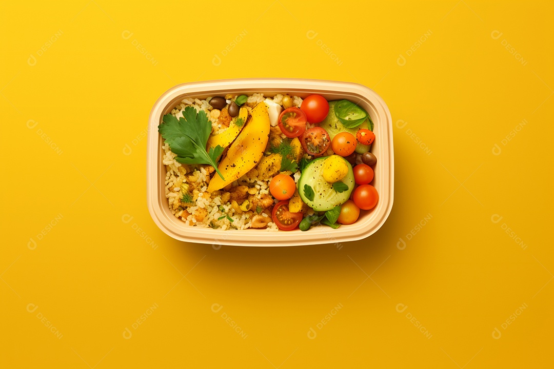 Marmitex de salada fit em fundo amarelo